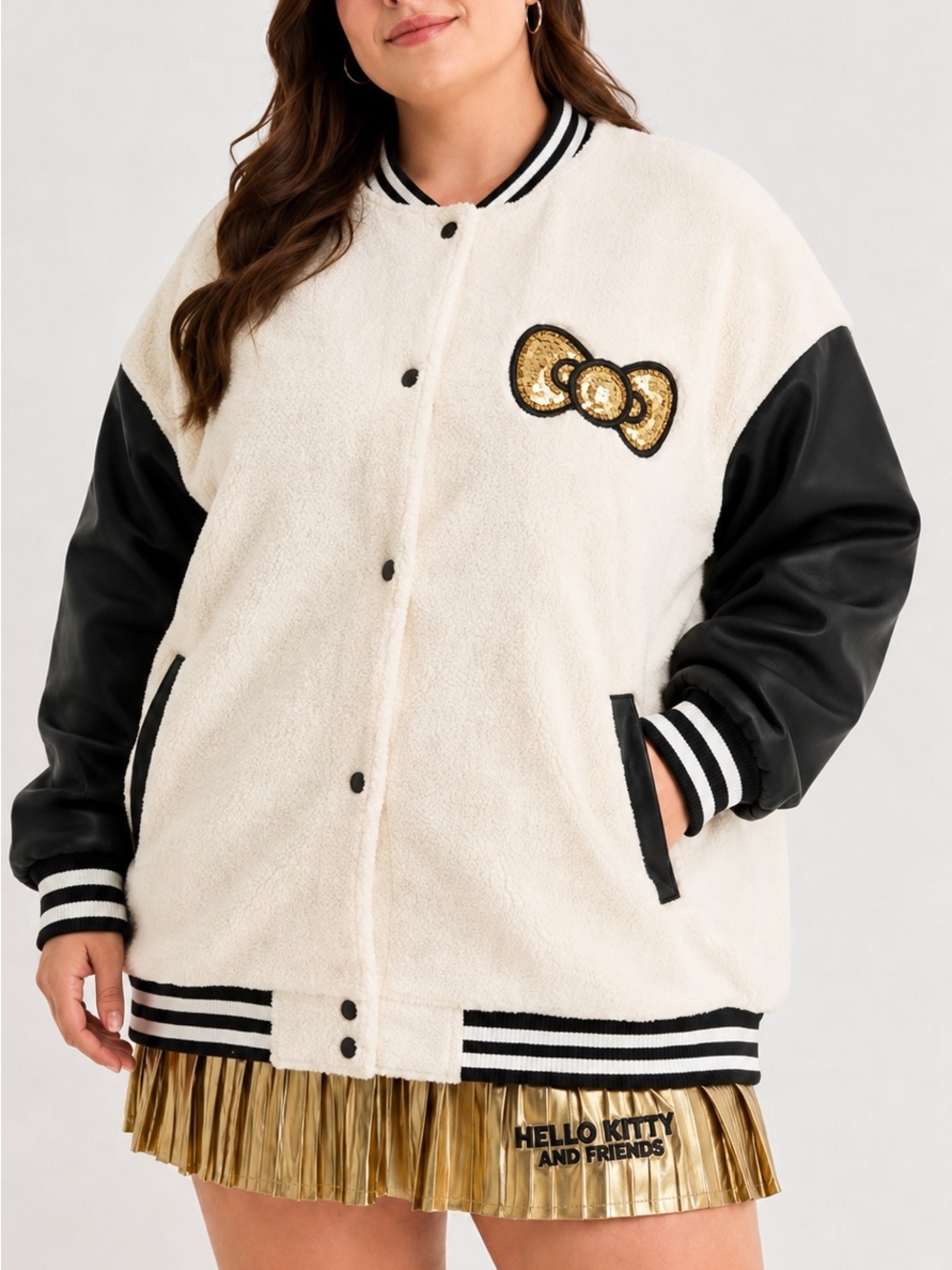 Sz XL Hello Kitty Women’s Night Out Faux Fur Fleece Bomber Jacket